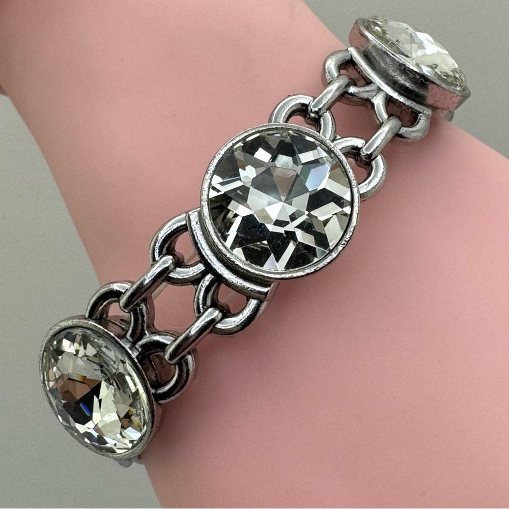 Silver Tone Crystal Stretch Bracelet Round Rhinestone Statement Bold Sparkle